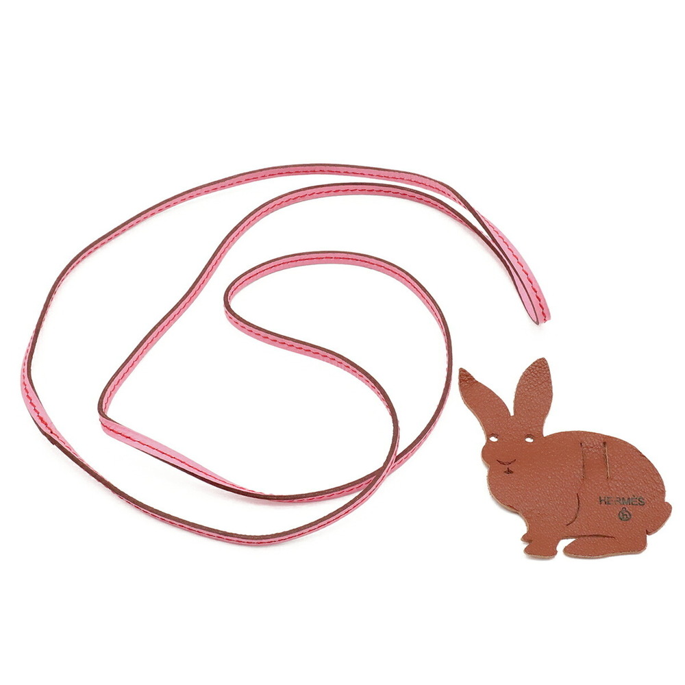 HERMES Lanieres Choker Necklace Bracelet Leather Cord Rabbit Charm Pink Brown
